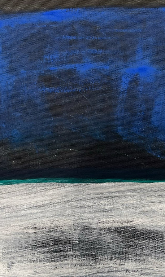 An abstract acrylic painting on canvas, predominantly blue with black and gray tones, creating a minimalist visual effect.